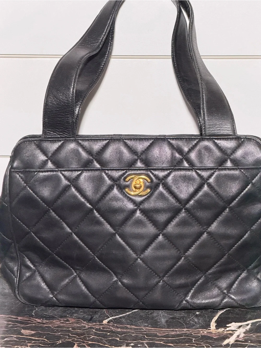 CHANEL Vintage Black Quilted Top Handled Handbag Gold CC Logo